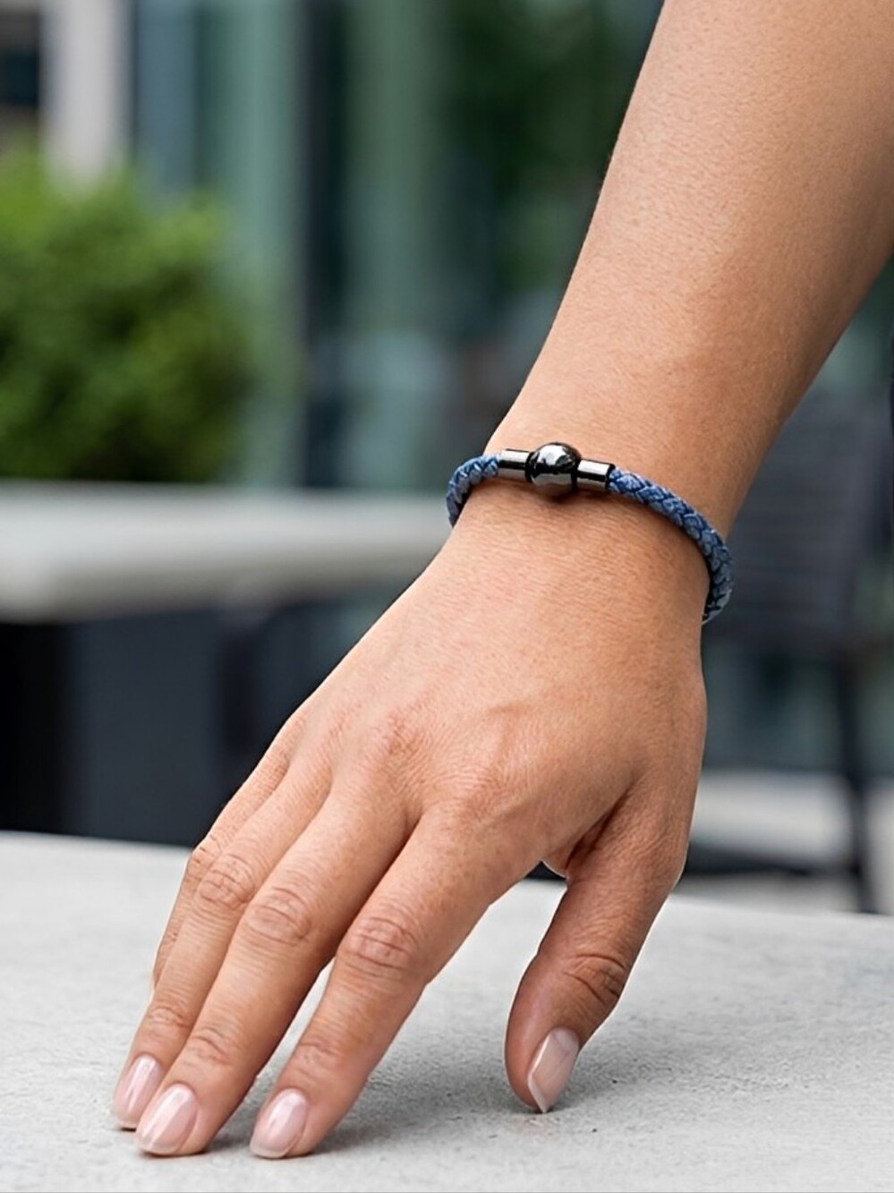 Linx Black/Blue Leather Braided Cord Bracelet with Black Magnetic Clasp